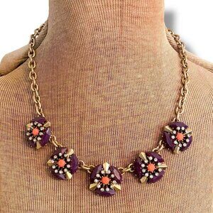 J Crew Statement Necklace Purple Coral Gold Rhinestone Crystal Cluster Retro 18"